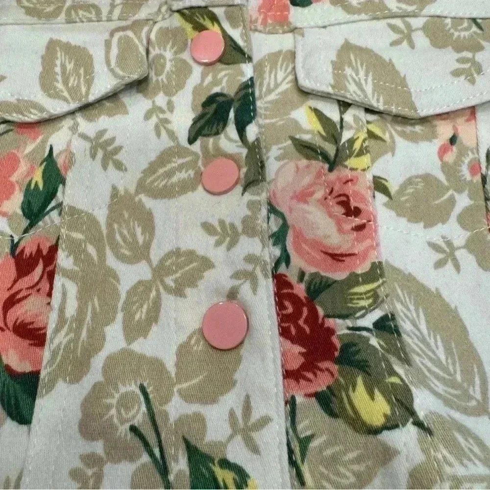 Mae Li Rose girls floral denim jacket with ivory lace trim & pink snaps size 4/5